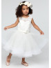 Ivory Lace Tulle Pearl Buttons Back Tea Length Flower Girl Dress